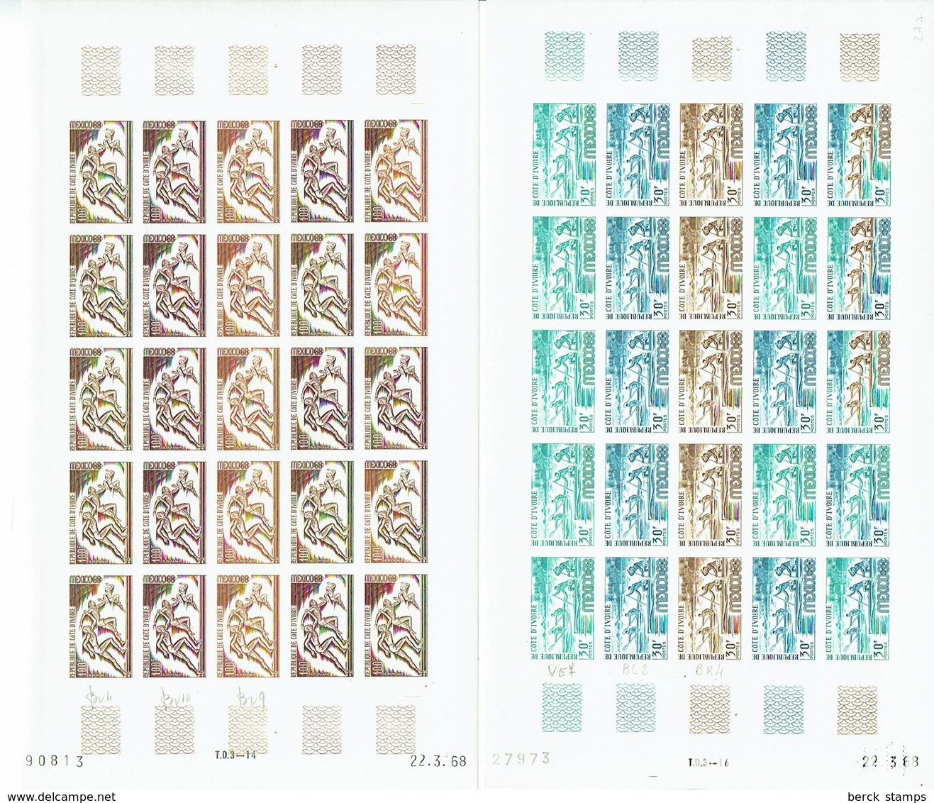 COTE D'IVOIRE - N° 277/278 - JEUX OLYMPIQUES DE MEXICO 1968 - CANOË ET 100 METRES - FEUILLES ESSAIS DE COULEUR. - Verano 1968: México