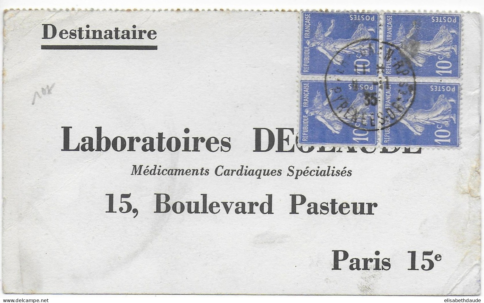 SEMEUSE - 1935 - BLOC De 4 De 10c Sur CARTE COMMERCIALE De PERPIGNAN (PYRENEES ORIENTALES) - 1906-38 Semeuse Camée