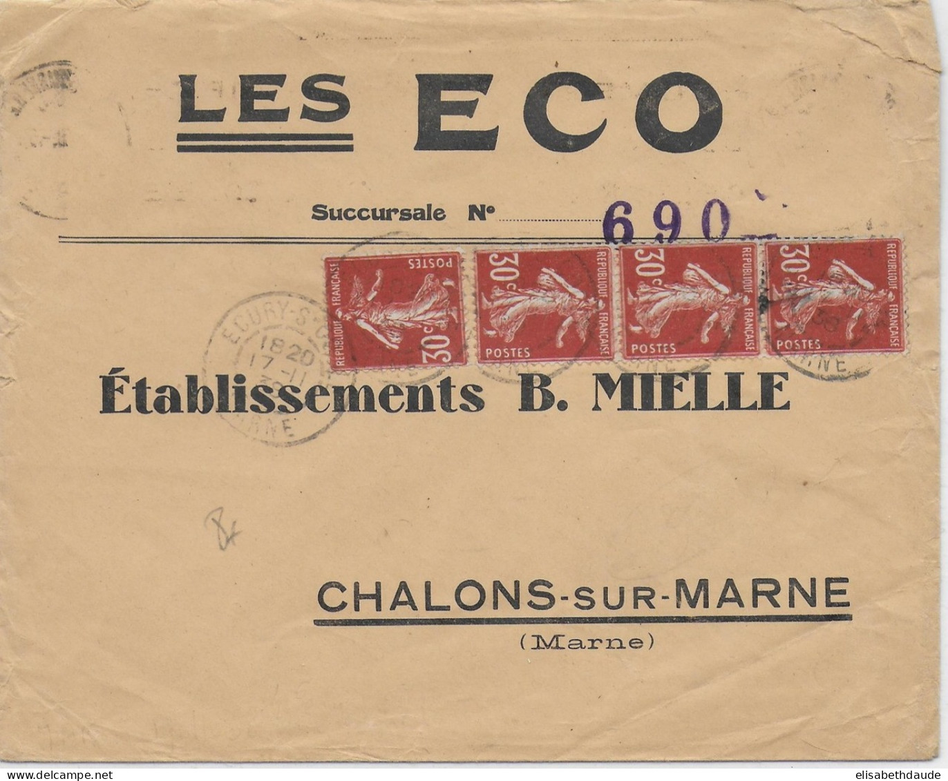 SEMEUSE - 1938 - BEL AFFRANCHISSEMENT Sur ENVELOPPE De ECURY (MARNE) => CHALONS - 1906-38 Säerin, Untergrund Glatt