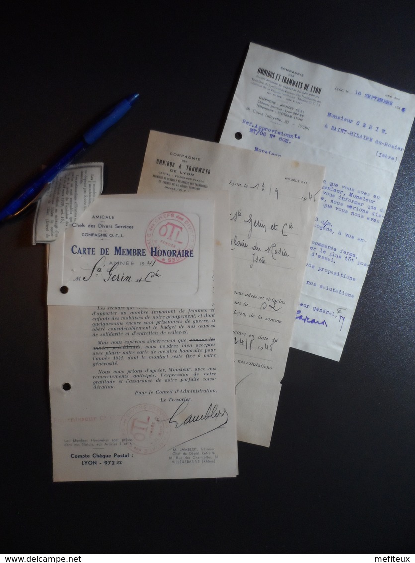 Lot Documents OTL Omnibus Tramways Lyon Dont Carte Membre Honoraire 1941 - 1945 - Autres & Non Classés