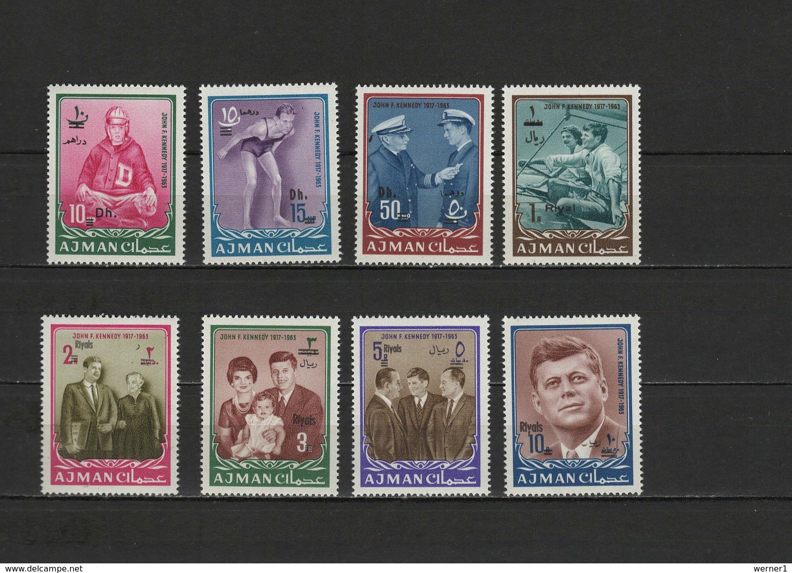 Ajman 1967 JFK Kennedy Set Of 8 With Overprint Of New Currency MNH - Kennedy (John F.)