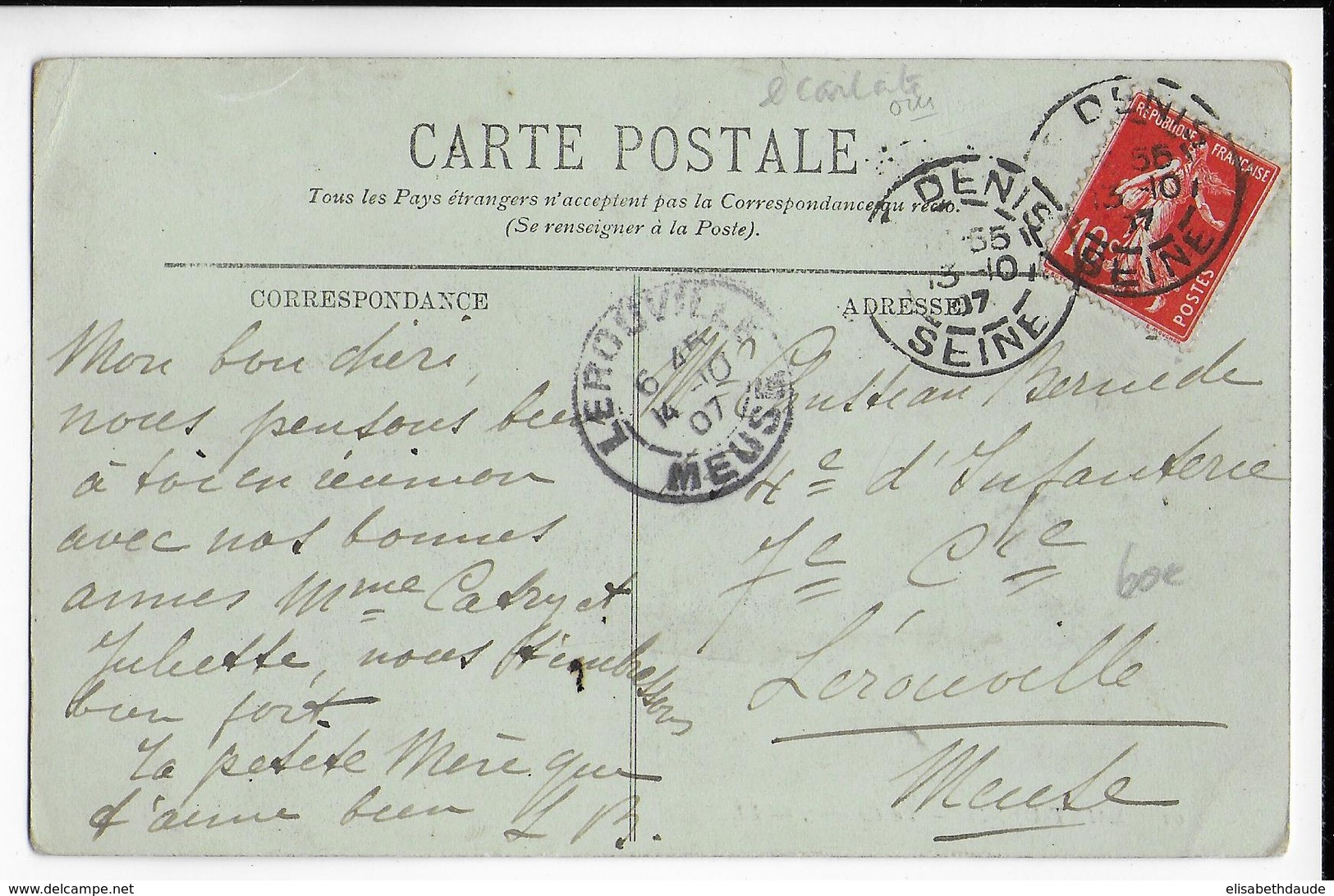 SEMEUSE - 1907 - RARE 10c ECARLATE YVERT N° 138c Sur CARTE De ST DENIS => LEROUVILLE (MEUSE) - 1906-38 Sower - Cameo