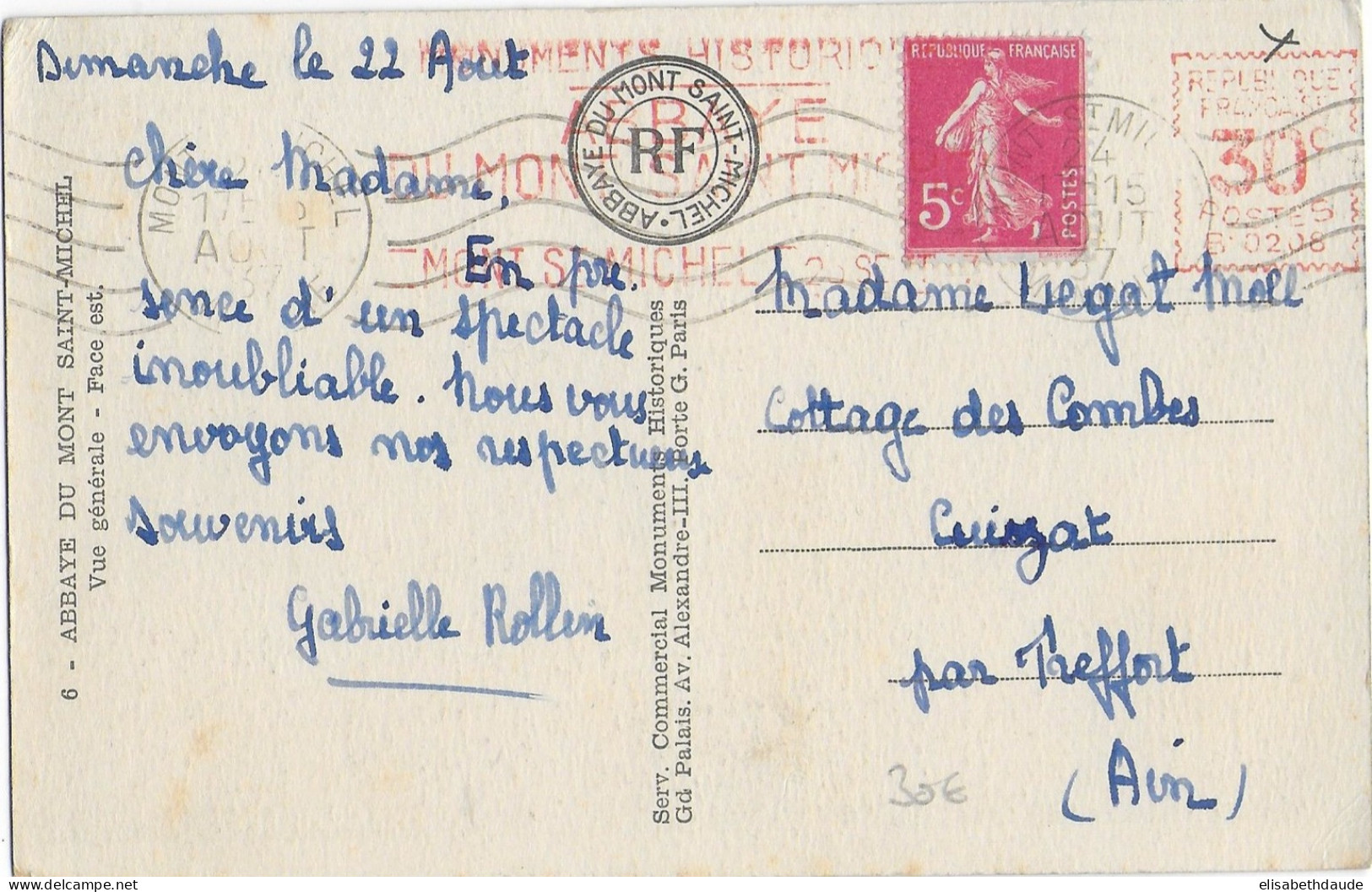 SEMEUSE - 1937 - EMA 30c Du MONT ST MICHEL (MANCHE) Sur 5c COMPLEMENT (RARE) Sur CARTE => TREFFORT - 1906-38 Säerin, Untergrund Glatt