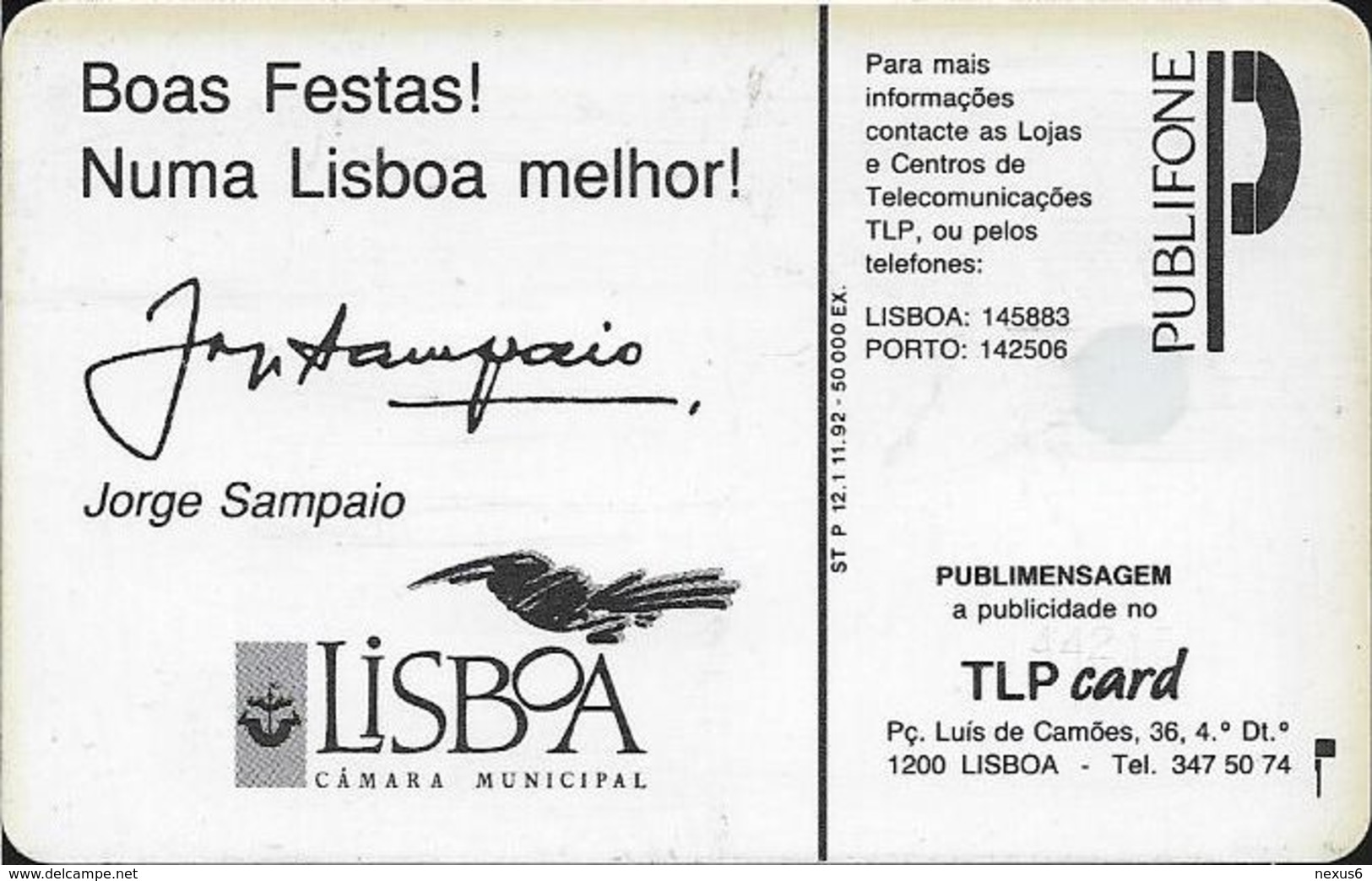 Portugal - TLP - C.M.Lisboa - 50Units, SC4, 11.1992, 50.000ex, Used - Portugal