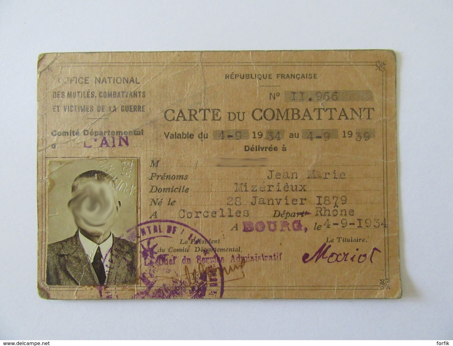 Carte Du Combattant Délivrée Dans L'Ain - Valable Du 1er Janvier 1934 Au 4 Septembre 1939 - Documents