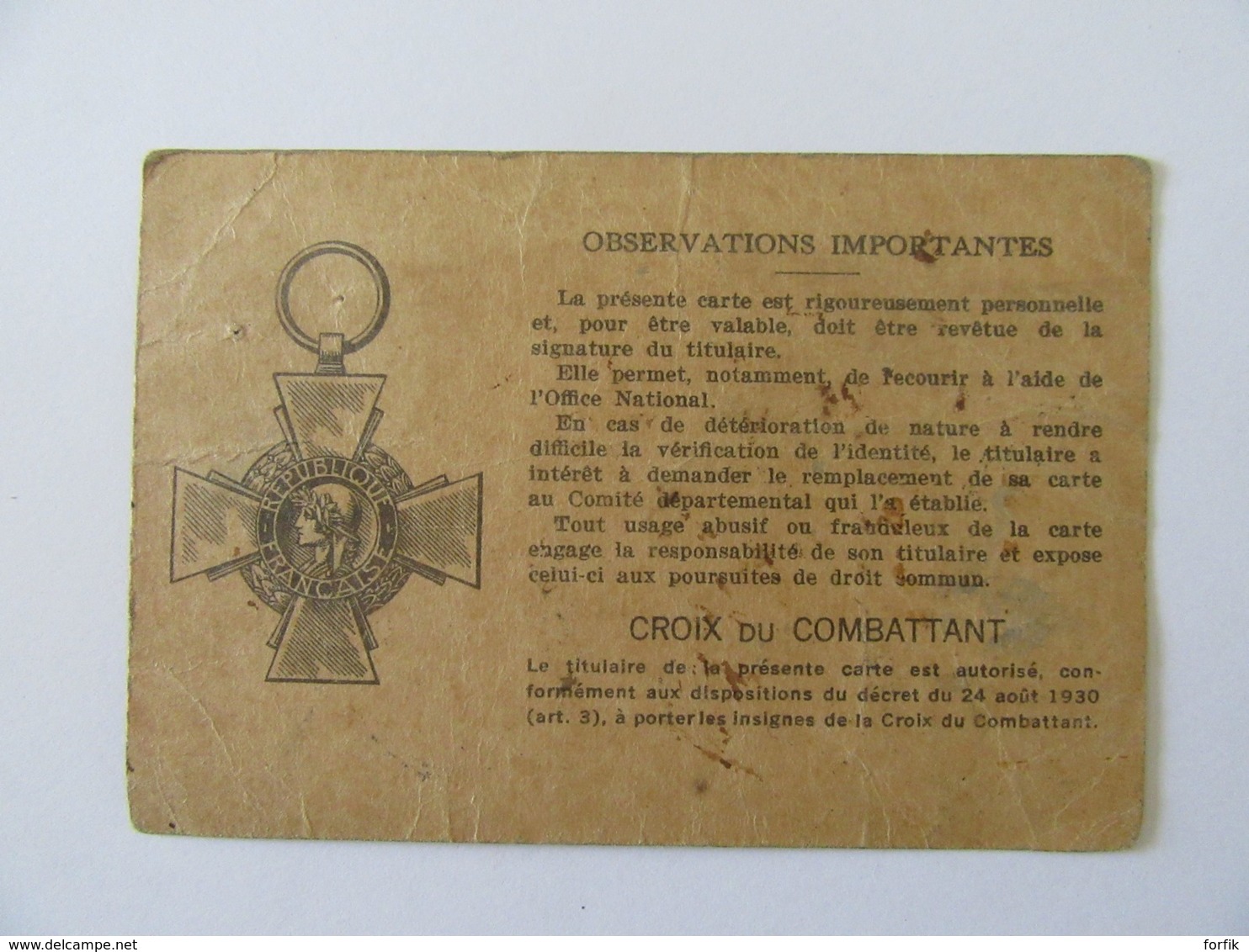 Carte Du Combattant Délivrée Dans L'Ain - Valable Du 1er Janvier 1934 Au 4 Septembre 1939 - Documents