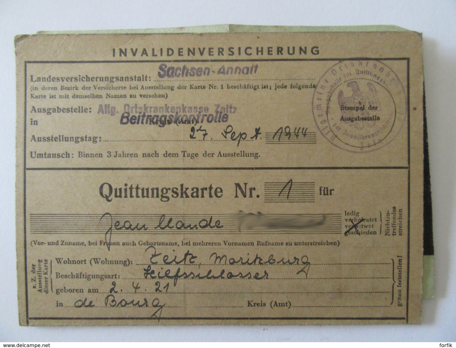 Empire Allemand - Guerre 39-45 - Invalidenversicherung (Carte D'invalidité) Avec Coupons - 27 Septembre 1944 - Historical Documents