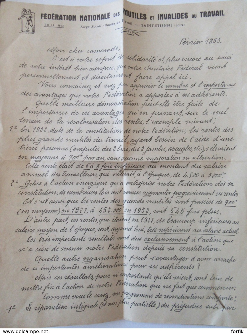 Fédération Nationale Des Mutilés Et Invalides Du Travail - Courrier Publicitaire Pour Organisation D'une Loterie - 1953 - Documents Historiques