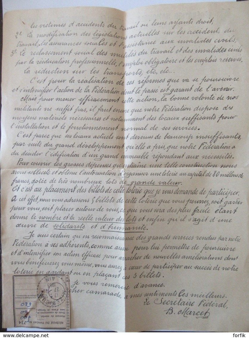 Fédération Nationale Des Mutilés Et Invalides Du Travail - Courrier Publicitaire Pour Organisation D'une Loterie - 1953 - Historical Documents