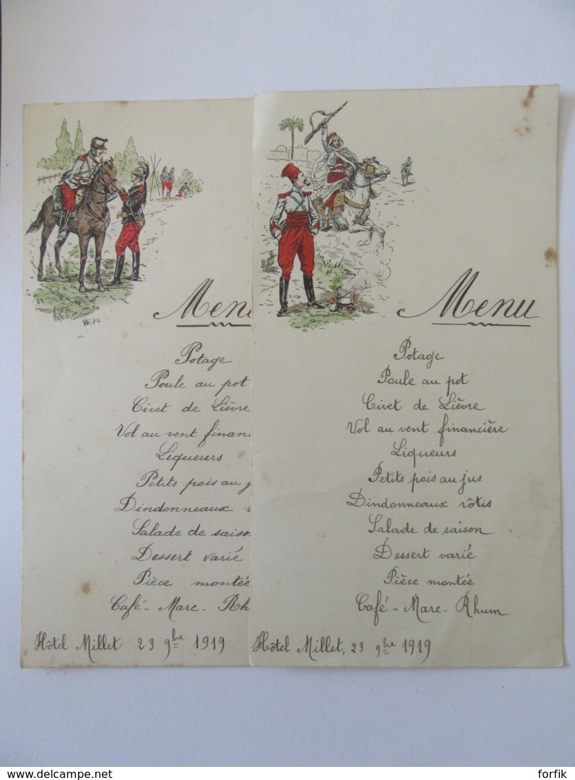 Lot De 2 Menus Anciens Pour Repas à L'Hôtel Millet Le 23 Novembre 1919 - Illustrations De Soldats Et Cavaliers - Menu