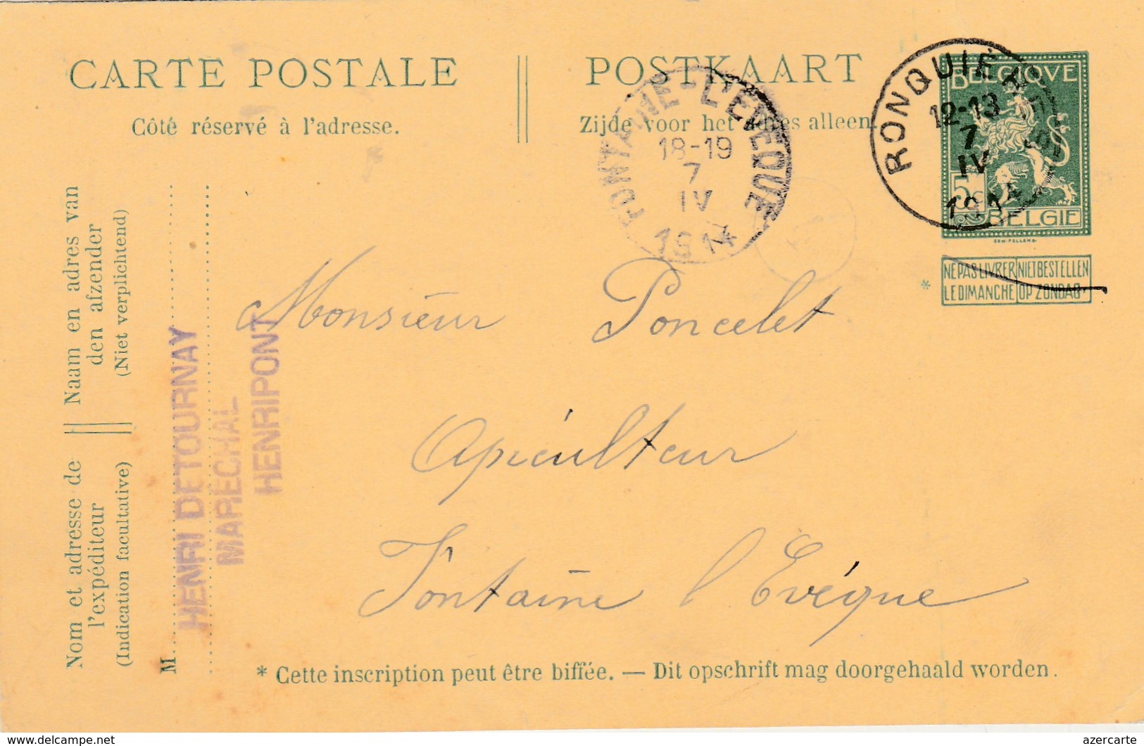Henripont , Entier Postal Publicité , Henri  Detournay , Maréchal  ,en 1914 ( Braine -le-Comte ) - Braine-le-Comte
