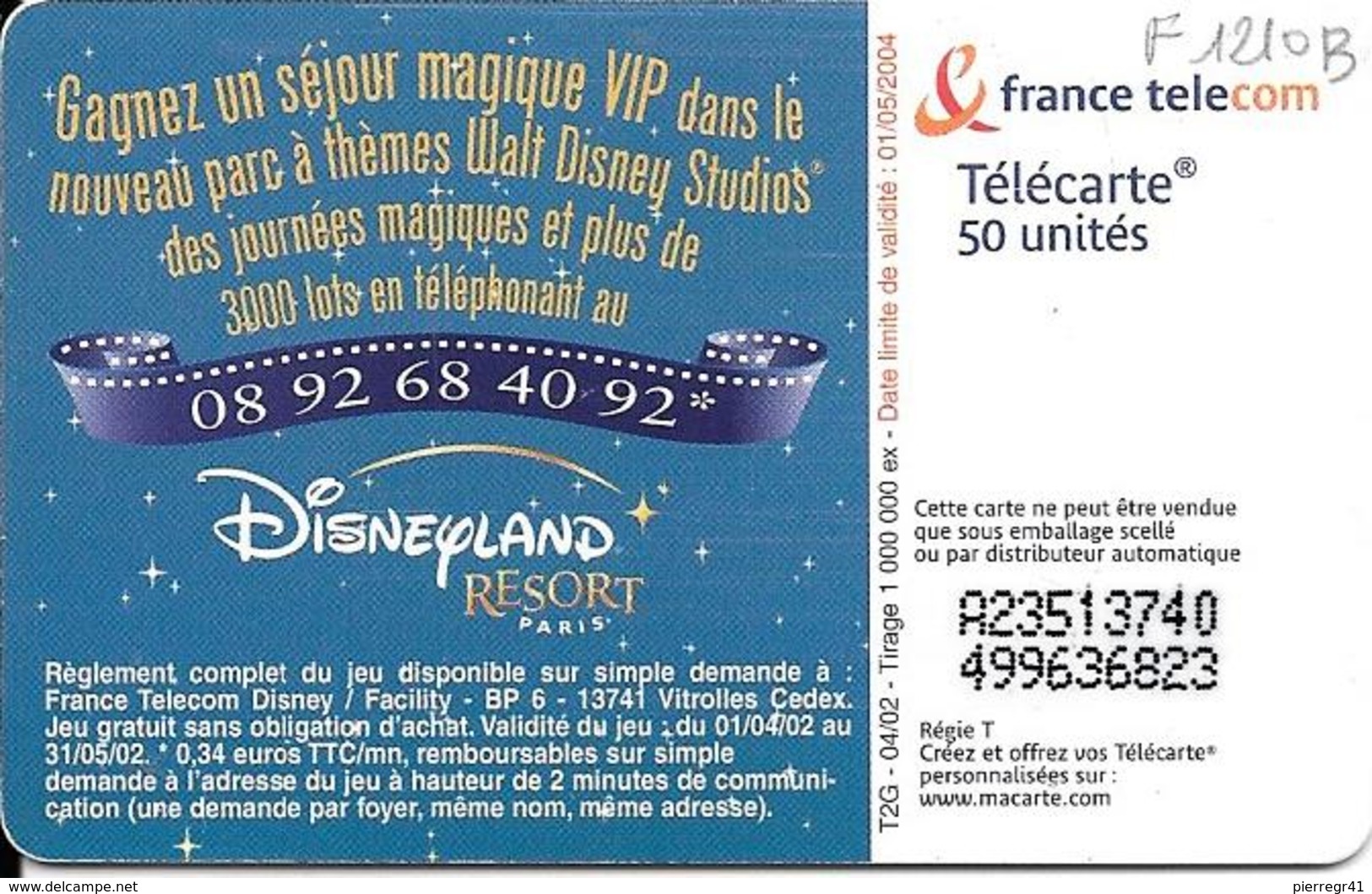 CARTE°-PUBLIC-50U-F1210 B-SO6-04/02-WALT DISNEY STUDIO-DINGO-UTILISE-TBE-RARE - 2002