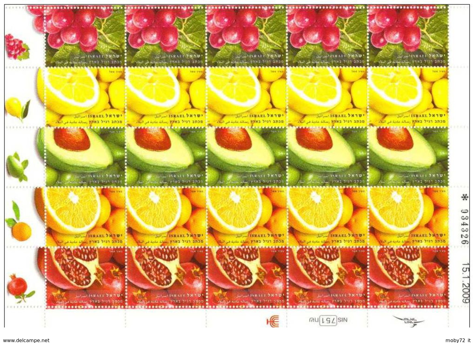 Israele - 2009 - Nuovo/new MNH - Frutta - Sheet - Mi N. 2033/37 - Blocks & Sheetlets