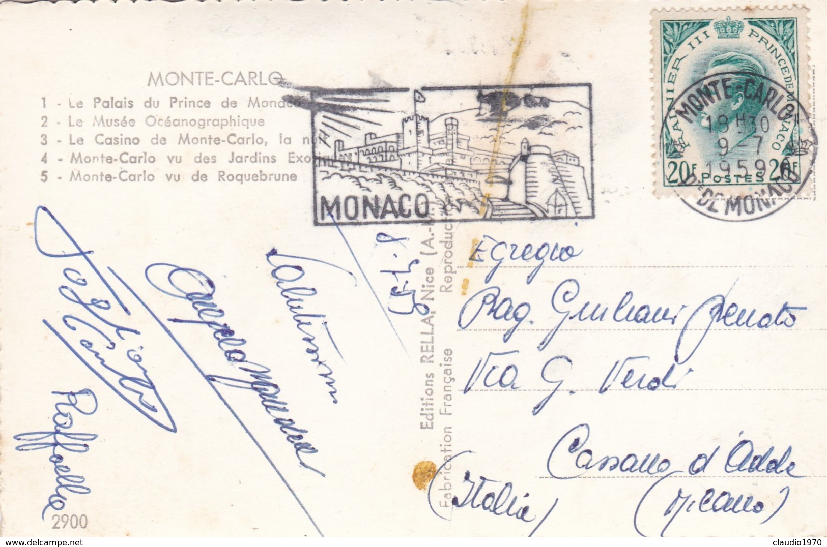 CARTOLINA - MONACO - SOUVENIR DE MONTE - CARLO - VIAGGIATA PER CASSANO D' ADDA (MILANO) - Monte-Carlo