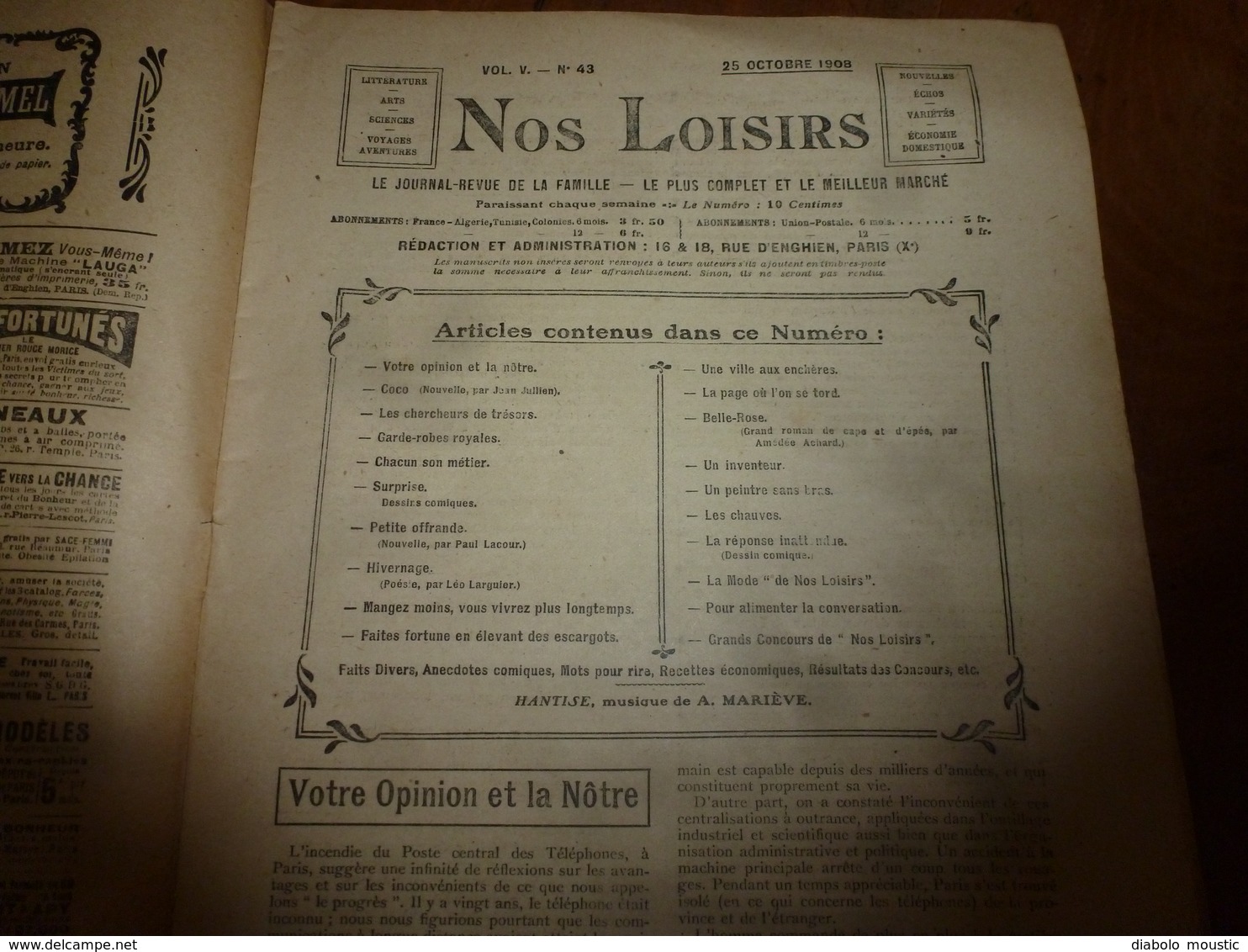 1908 NOS LOISIRS : Couv.de Fréjean;Chercheurs De Trésors Du Lac Némi;Pour Vivre Longtemps:Fortune Avec Les Escargots;etc - 1900 - 1949