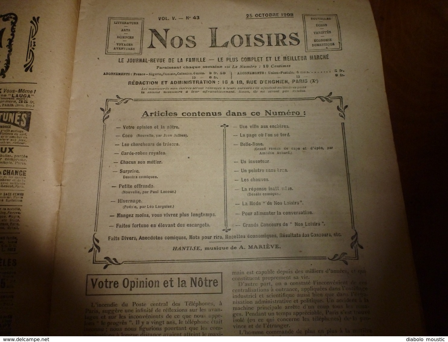 1908 NOS LOISIRS : Couv.de Fréjean;Chercheurs de trésors du lac Némi;Pour vivre longtemps:Fortune avec les escargots;etc