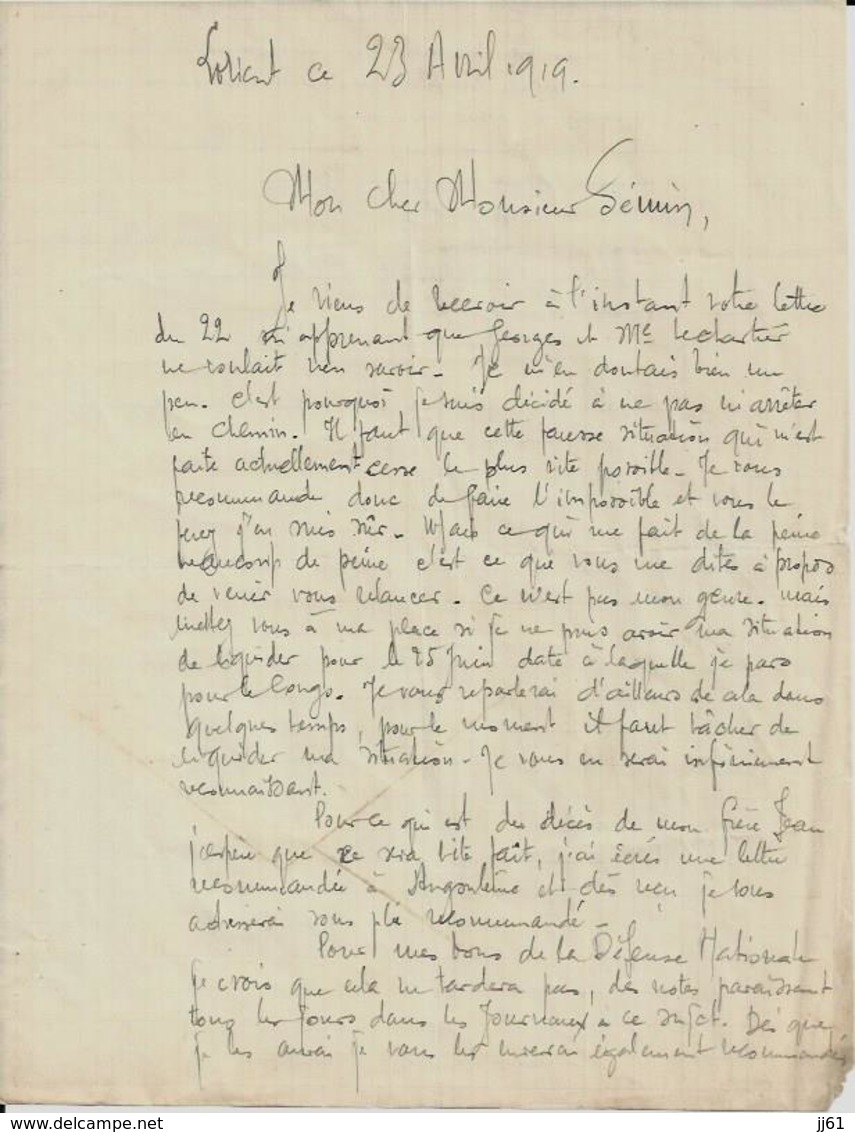 LORIENT HOTEL TERMINUS DE LA GARE 2 LETTRES SIGNEE SOLDAT ANDRE THIREAU A ANGOULEME AVEC CACHET DE LA MAIRIE ANNEE 1919 - Other & Unclassified