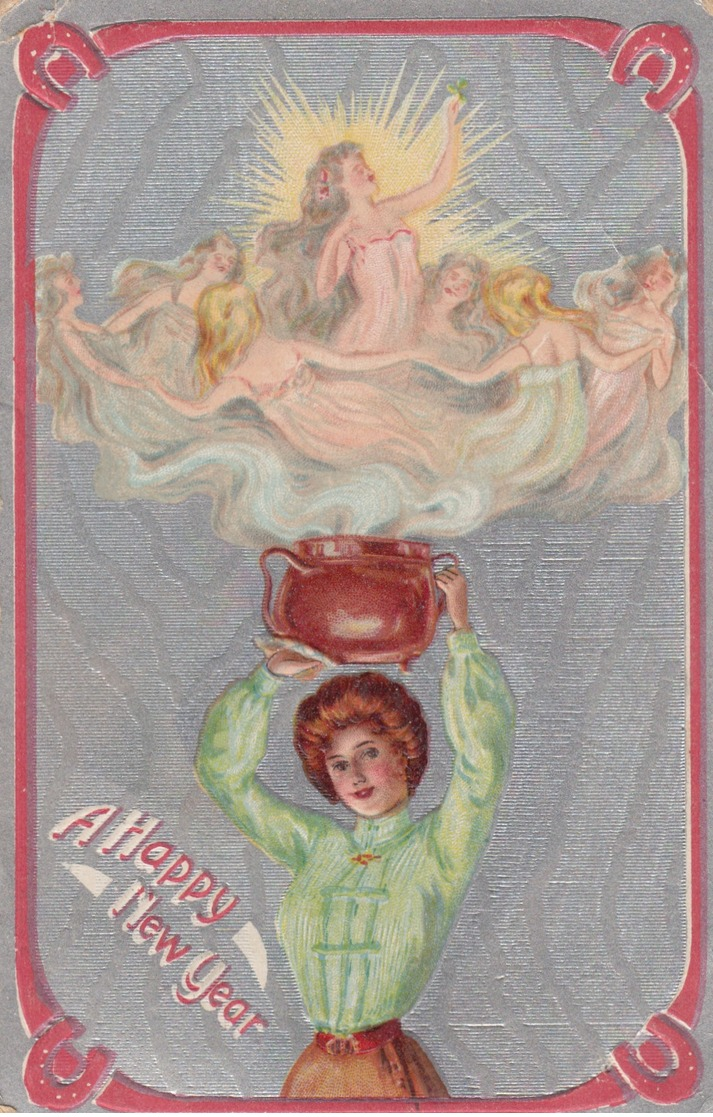 A HAPPY NEW YEAR, 1900-10s; Woman Holding A Pot Above Head With Women Coming Out Of It - New Year