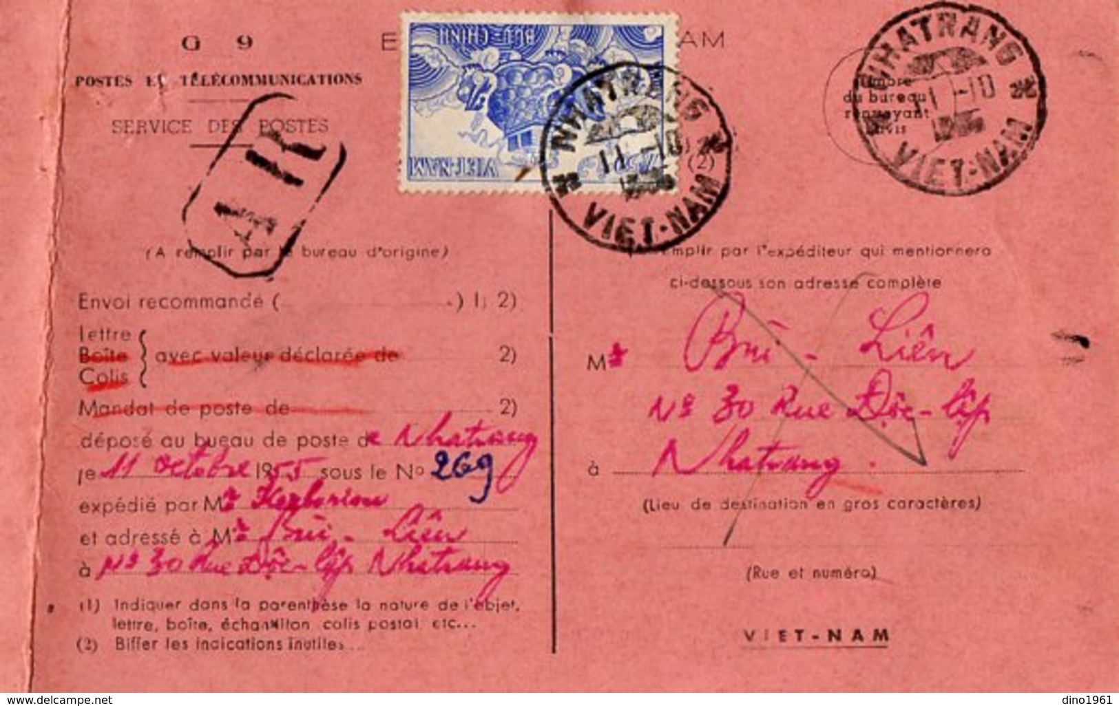 TB 2550 - INDOCHINE - VIETNAM - Avis Postal - MP NHATRANG 1955 - Viêt-Nam