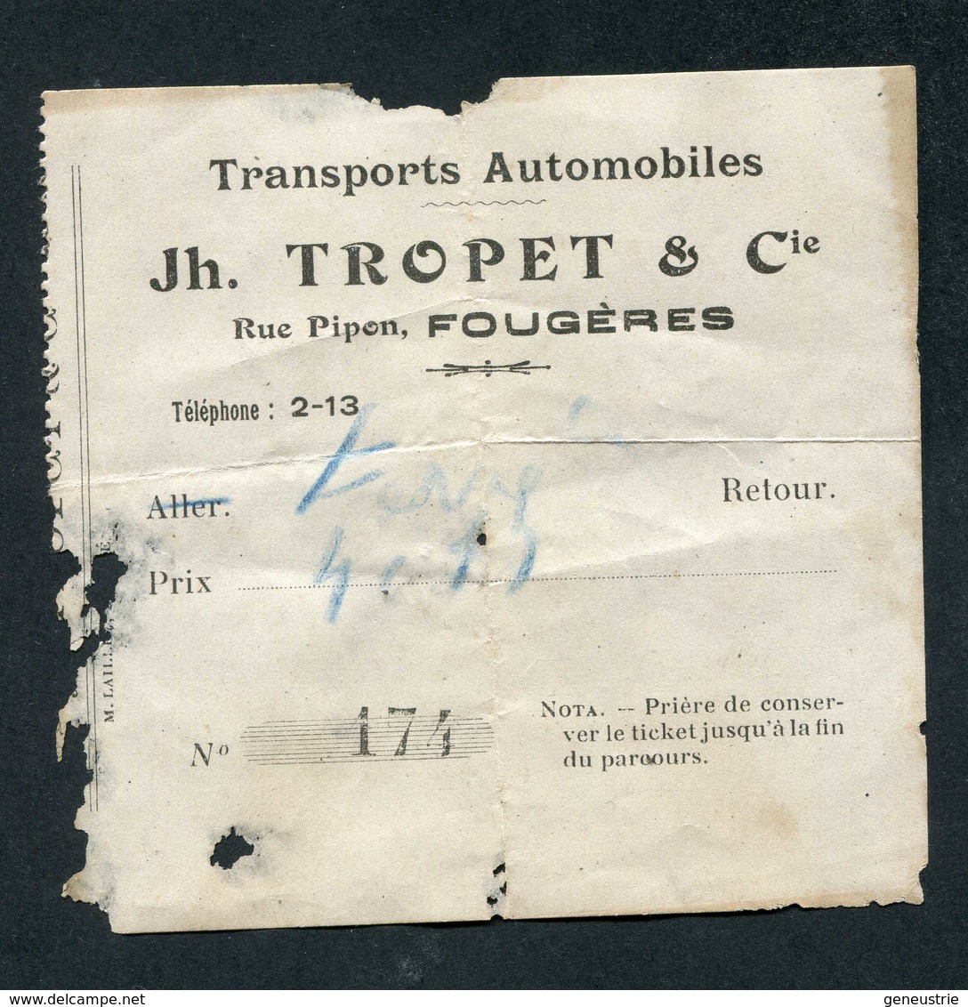 Ancien Ticket Billet De Bus "Transports Automobiles Jh. Tropet & Cie à Fougères" Bretagne - Europe