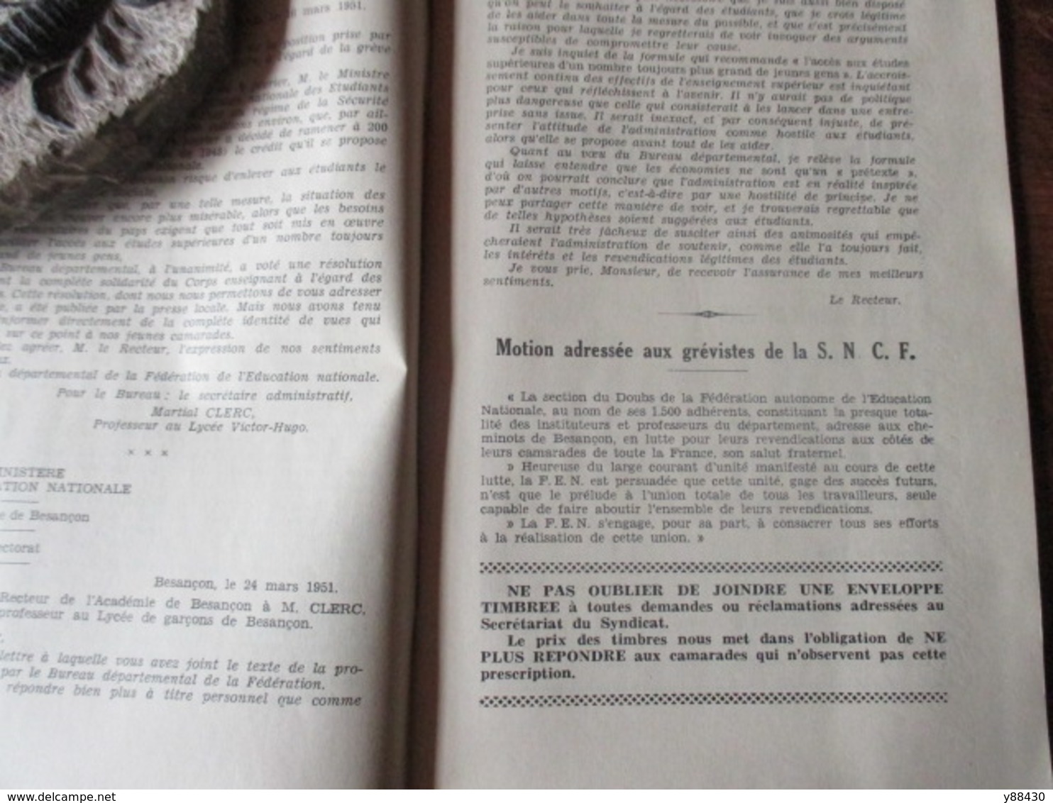 BULLETIN de la Fédération de l'Education Nationale du DOUBS à BESANCON - année 1951 . n°4 - 64 pages -17 scan