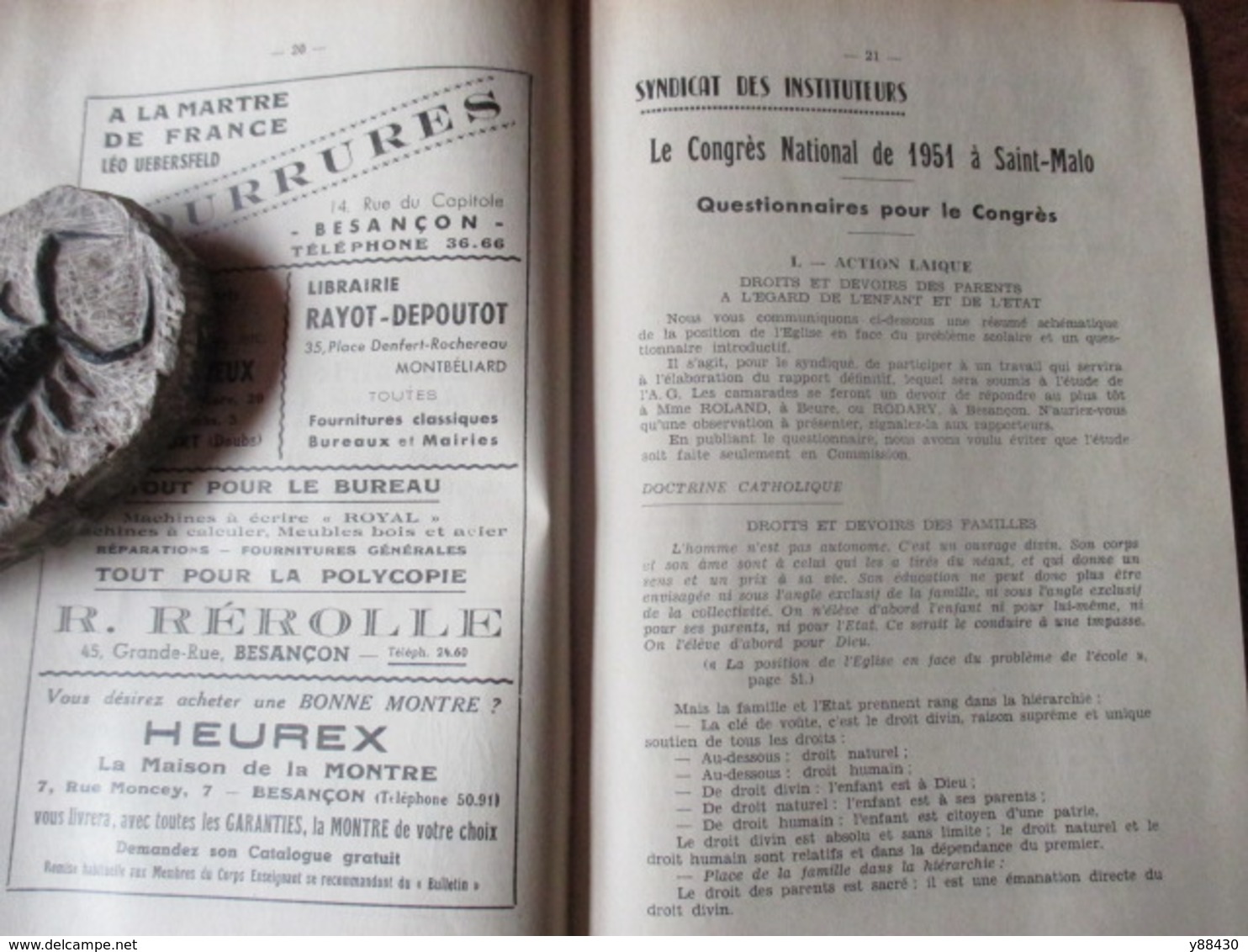 BULLETIN de la Fédération de l'Education Nationale du DOUBS à BESANCON - année 1951 . n°4 - 64 pages -17 scan