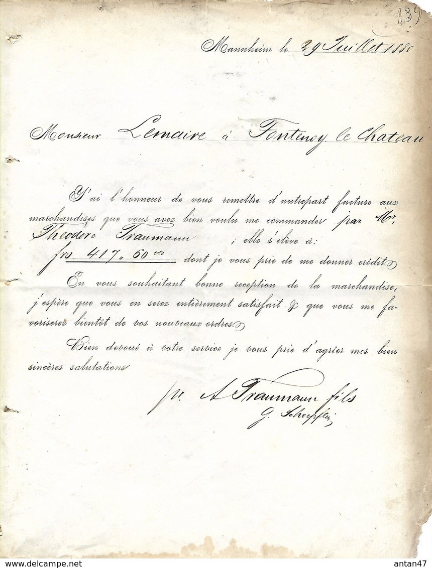 Facture Double 1880 / ALLEMAGNE / MANNHEIM / A. TRAUMANN Fils / Houblons / 88 Fontenoy Le Château LEMAIRE - 1800 – 1899