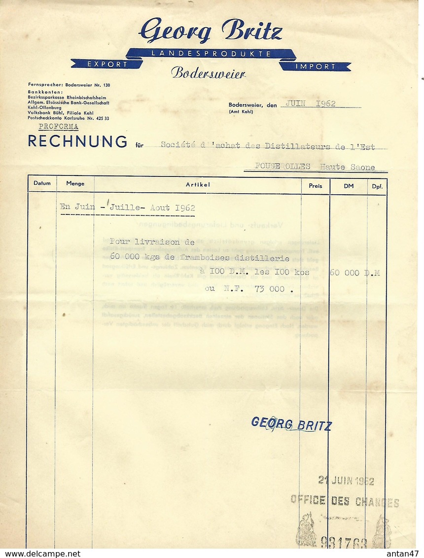 Lot De 3 Factures 1962 / ALLEMAGNE / BODERSWEIER / G. BRITZ / Import Export - 1950 - ...
