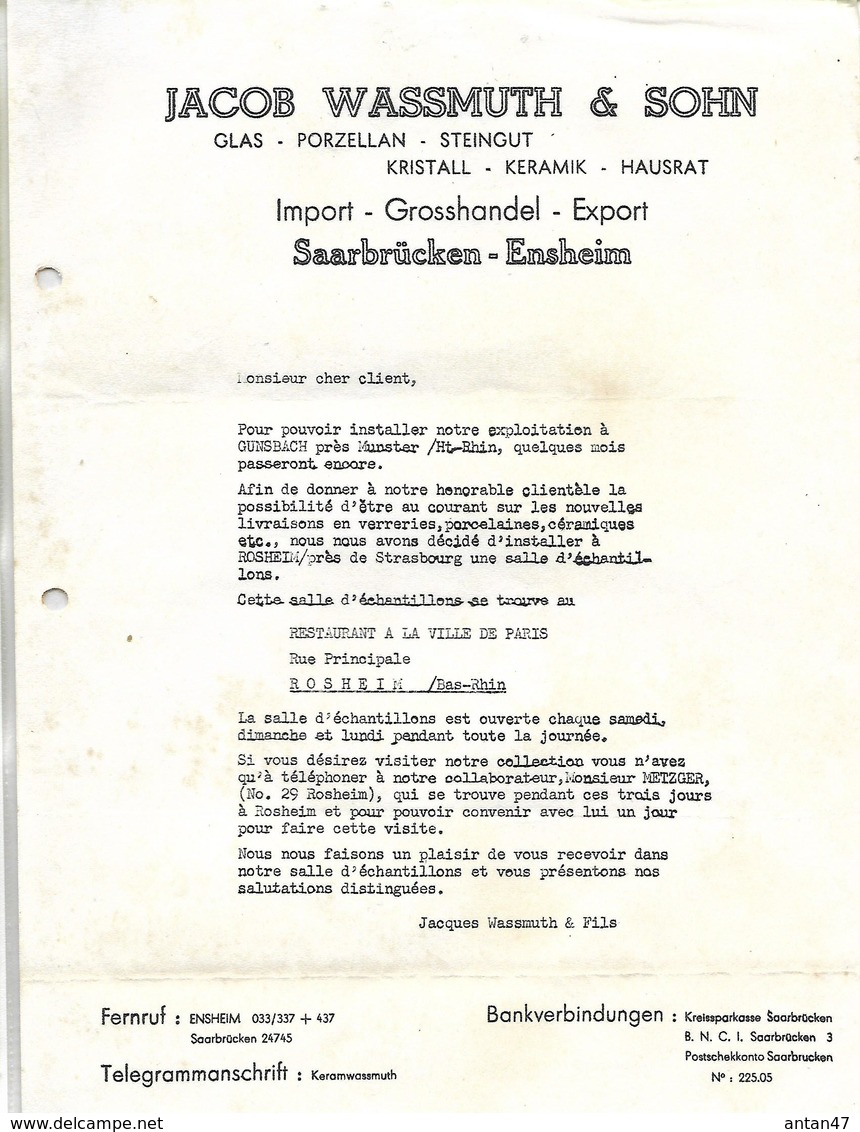 Lettre / ALLEMAGNE / SARBRÜCKEN EINSHEIM / Import Export Porcelaine, Grès, Cristal / Salle échantillons à ROSHEIM 67 - 1950 - ...