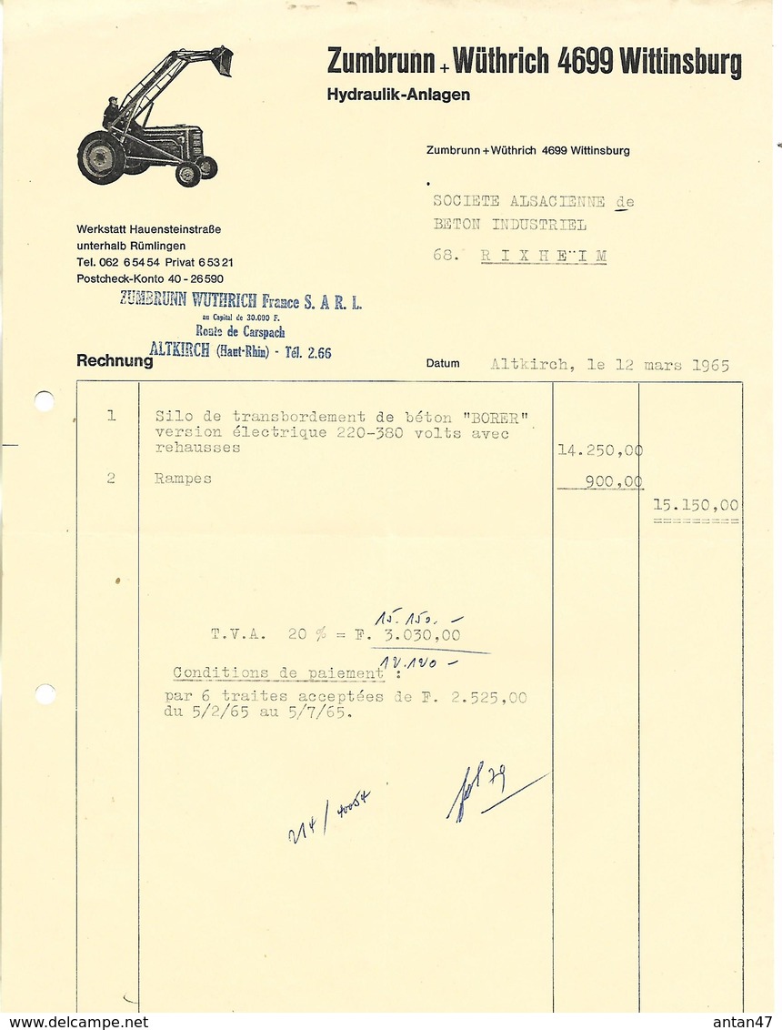 Lettre 1965/ ALLEMAGNE / WITTINSBURG / 67 ALTKIRCH/ Système Hydraulique Pour Tracteur - 1950 - ...