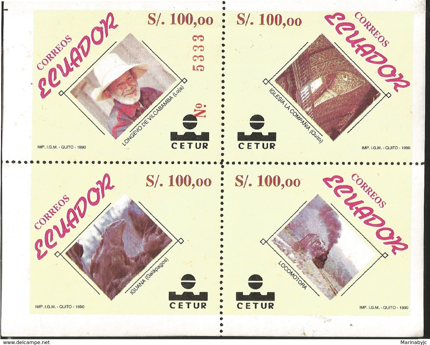 V) 1990 ECUADOR, OLD MAN, LOCOMOTIVE, IGUANA, BLOK OF 4, MNH - Ecuador