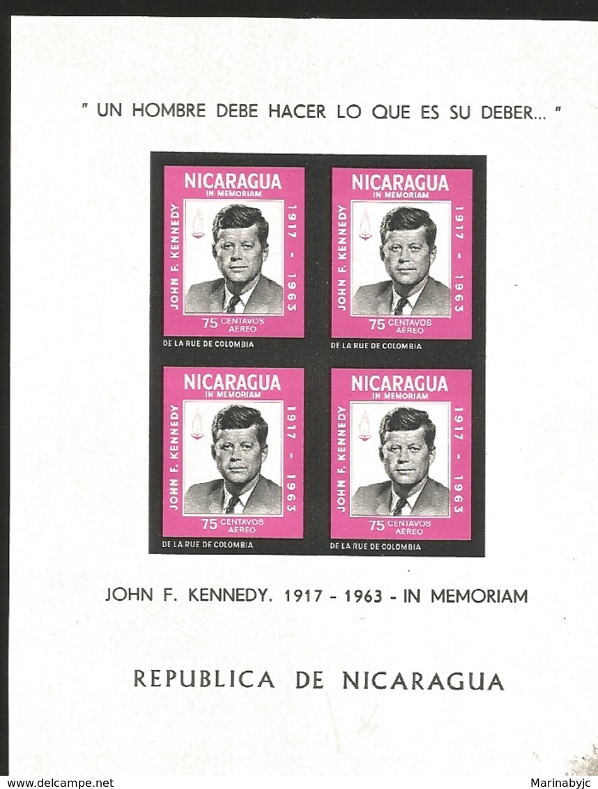 V) 1965 NICARAGUA, IN MEMORIAM JOHN F KENNEDY, SOUVENIR SHEET, IMPERFORATE BLOCK OF 4, MNH - Nicaragua