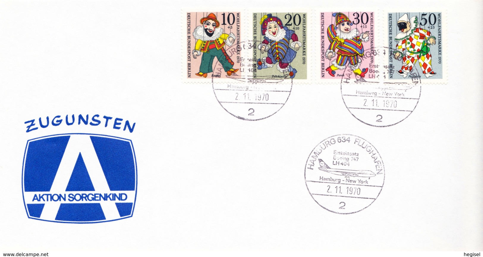 1970, BRD/ Berlin, "Jugendmarken - Puppentheater", SST. "Ersteinsatz Boeing 747 Hamburg - New York, 2.11.1970" - Privatumschläge - Gebraucht