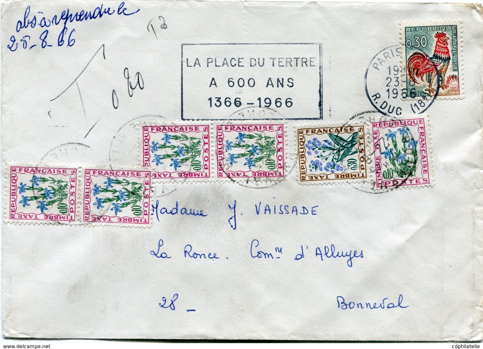 FRANCE LETTRE DEPART PARIS 23-8-1966 R. DUC TAXEE A L'ARRIVEE A BONNEVAL LE 24-8-1966 - 1962-1965 Cock Of Decaris