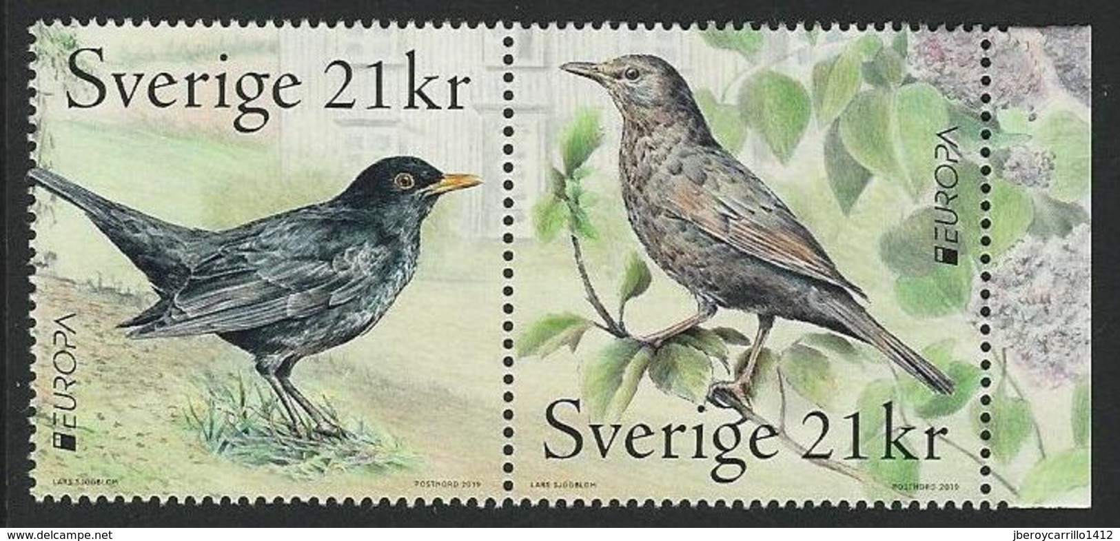 SUECIA /SWEDEN / SCHWEDEN/ SUÈDE-EUROPA 2019- NATIONAL BIRDS.-"AVES- BIRDS -VÖGEL-OISEAUX"-2 SELLOS De La HOJITA BLOQUE - 2019