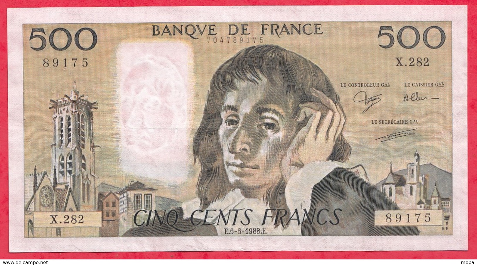 500 Francs "Pascal" Du 05/05/1988.E ----VF/SUP-----ALPH .X.282 - 500 F 1968-1993 ''Pascal''