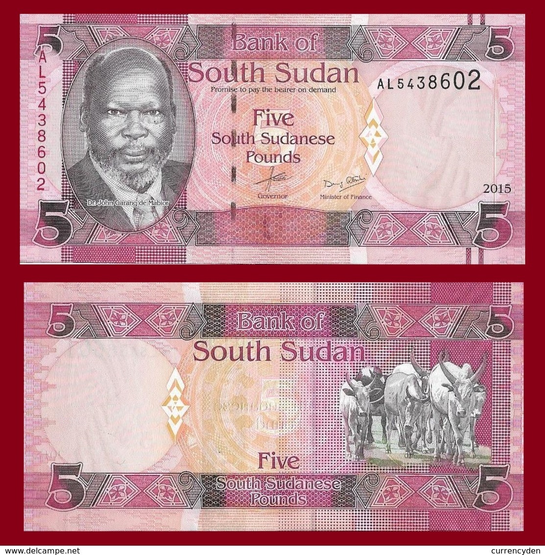 South Sudan P6, 5 Pounds, Dr. John Garang De Mabior / Longhorn Cattle 2015 UNC - Sudán Del Sur