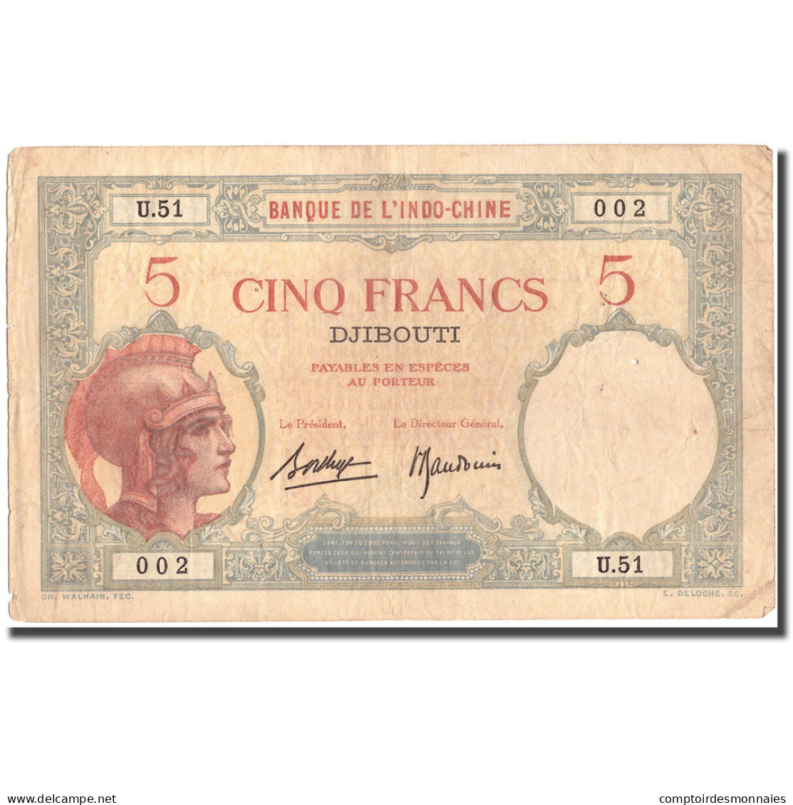 Billet, Côte Française Des Somalis, 5 Francs, KM:6b, TTB - Indochina