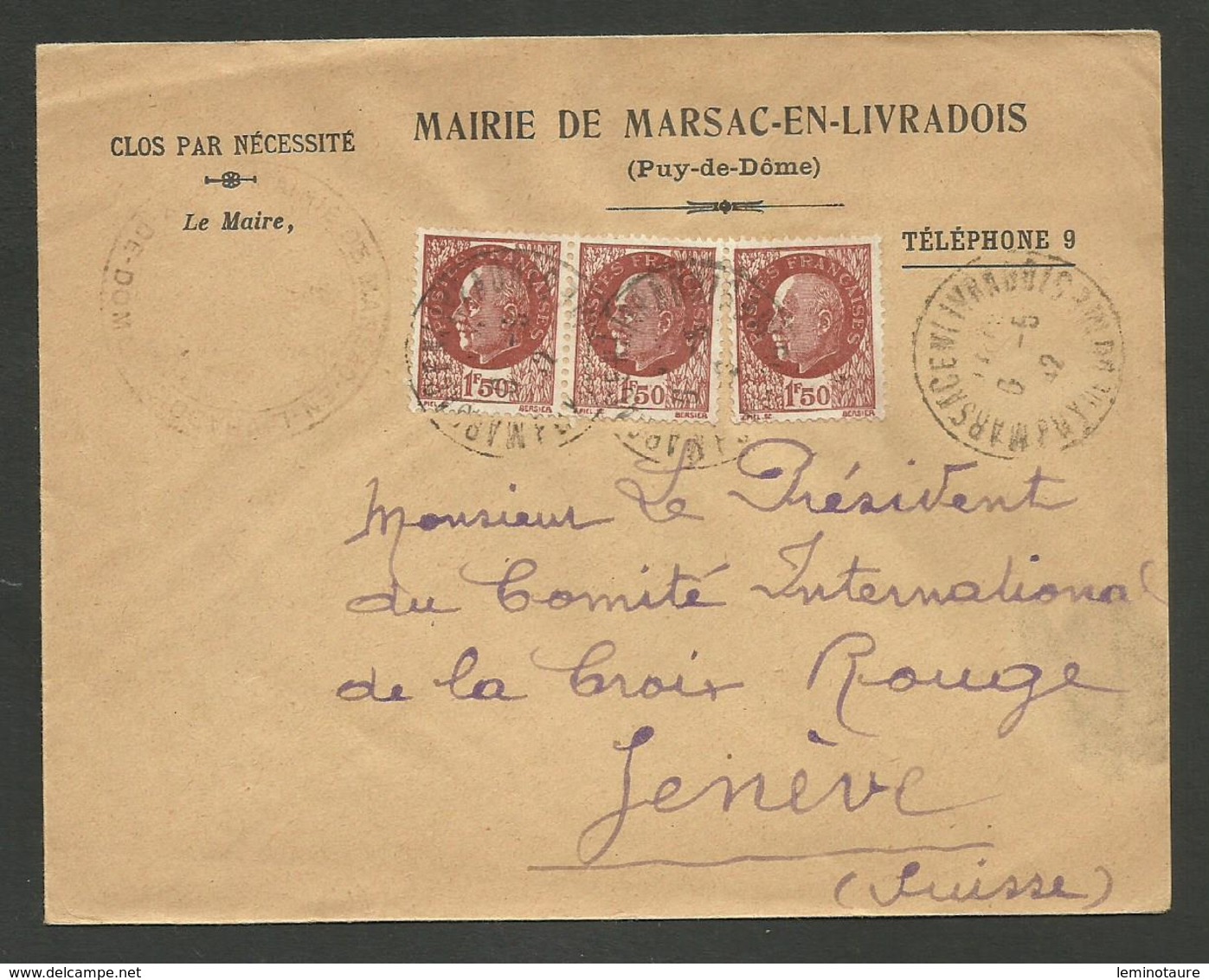 Dpt. PUY DE DOME / Mairie De MARSAC EN LIVRADOIS 1942 >>> Croix Rouge à GENEVE - 1921-1960: Période Moderne