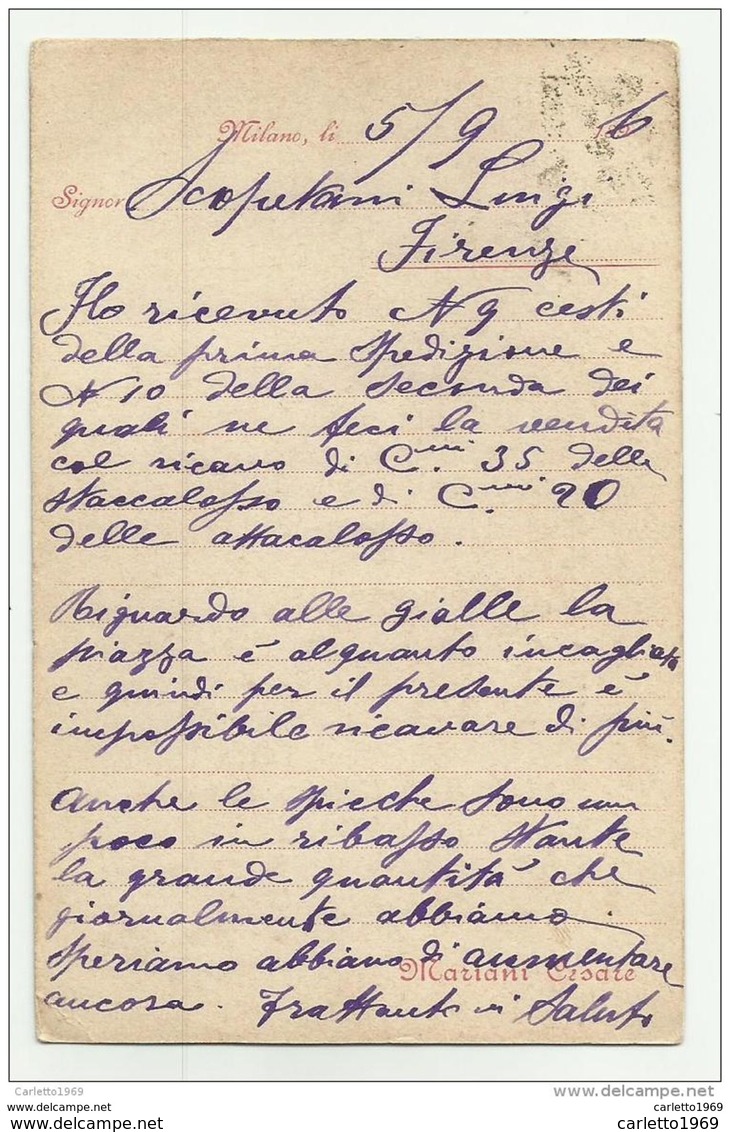 CARTOLINA PRIVATA F.BOLLO 10 CENTESIMI ANNO 1896 - VERZIERE MERCATO VERDURA IN MILANO - Marcophilia