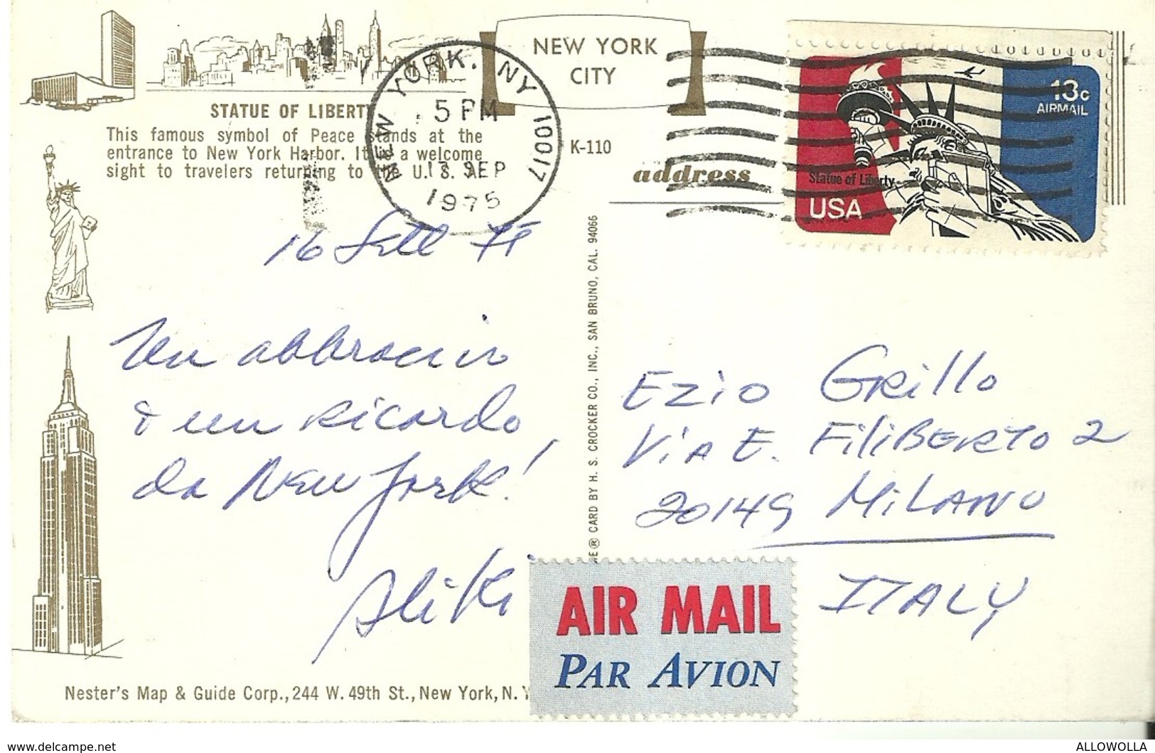 4132 "STATUE OF LIBERTY" CARTOLINA POSTALE ORIGINALE SPEDITA 1975 - Statua Della Libertà