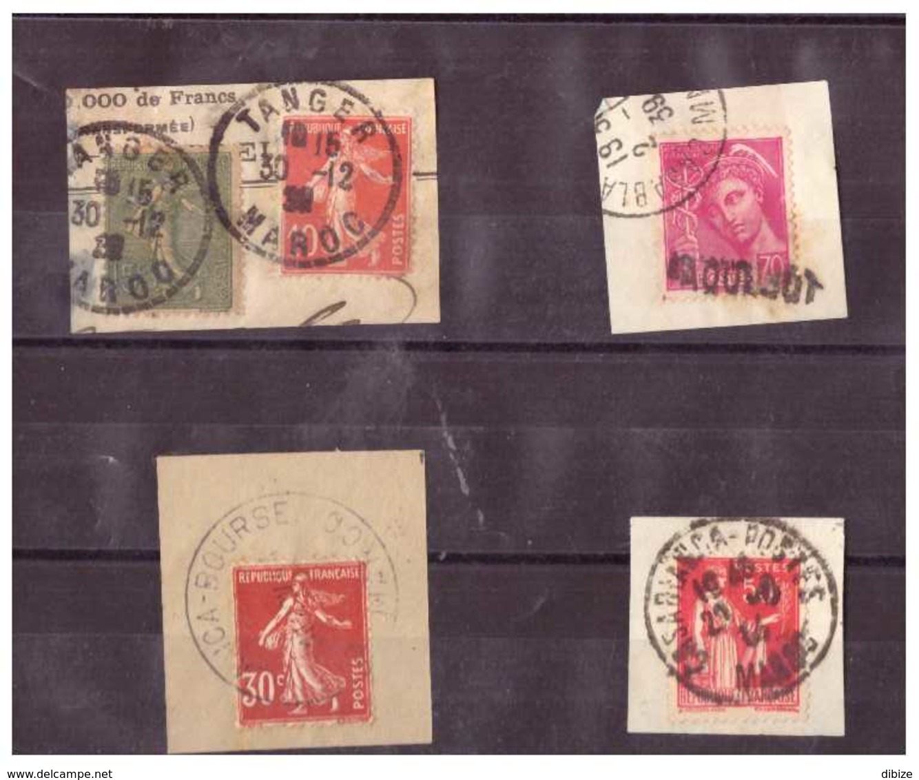 France. 5 Oblitérations Marocaine Tanger Casablanca Sur 5 Timbres Français. Semeuse. Paix. Mercure. - Oddities On Stamps