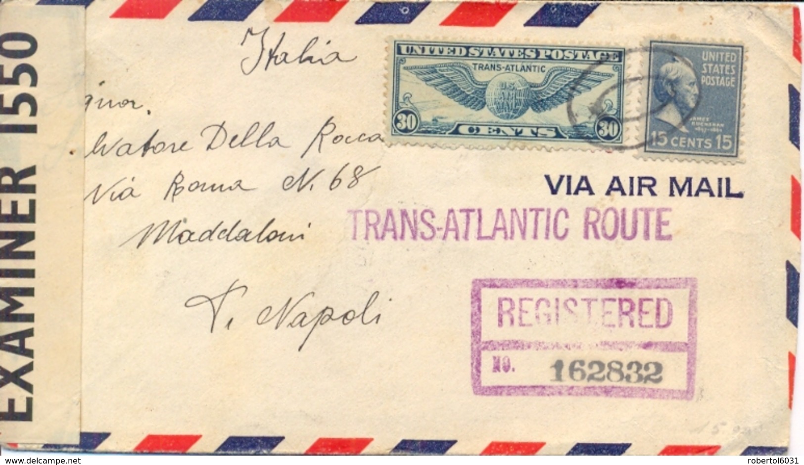 USA 1940 Airmail Registered Cover To Italy With 15 Cents Buchanan + 30 Cents Transatlantic Airmail Stamp - 1c. 1918-1940 Storia Postale