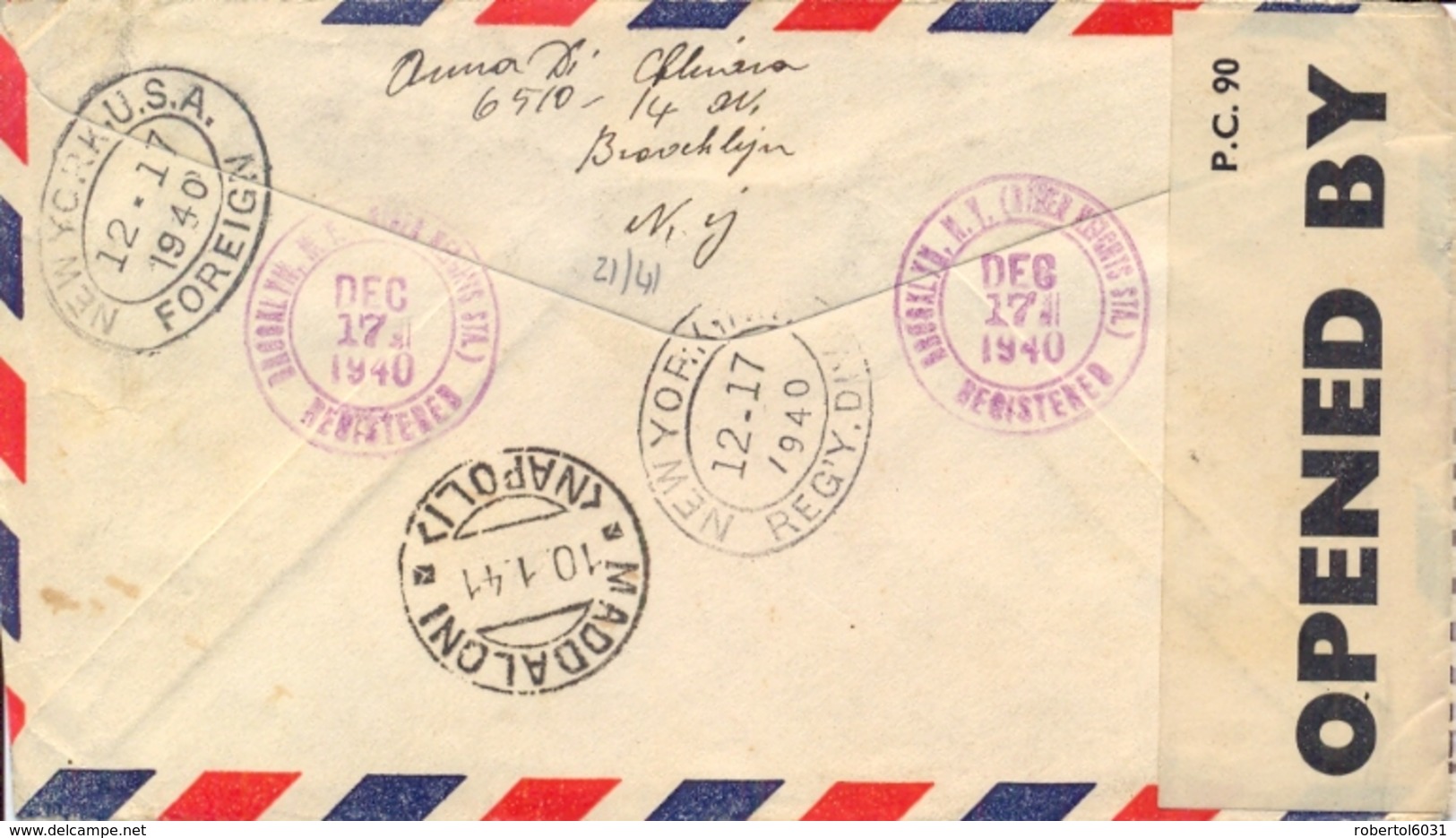 USA 1940 Airmail Registered Cover To Italy With 15 Cents Buchanan + 30 Cents Transatlantic Airmail Stamp - 1c. 1918-1940 Storia Postale