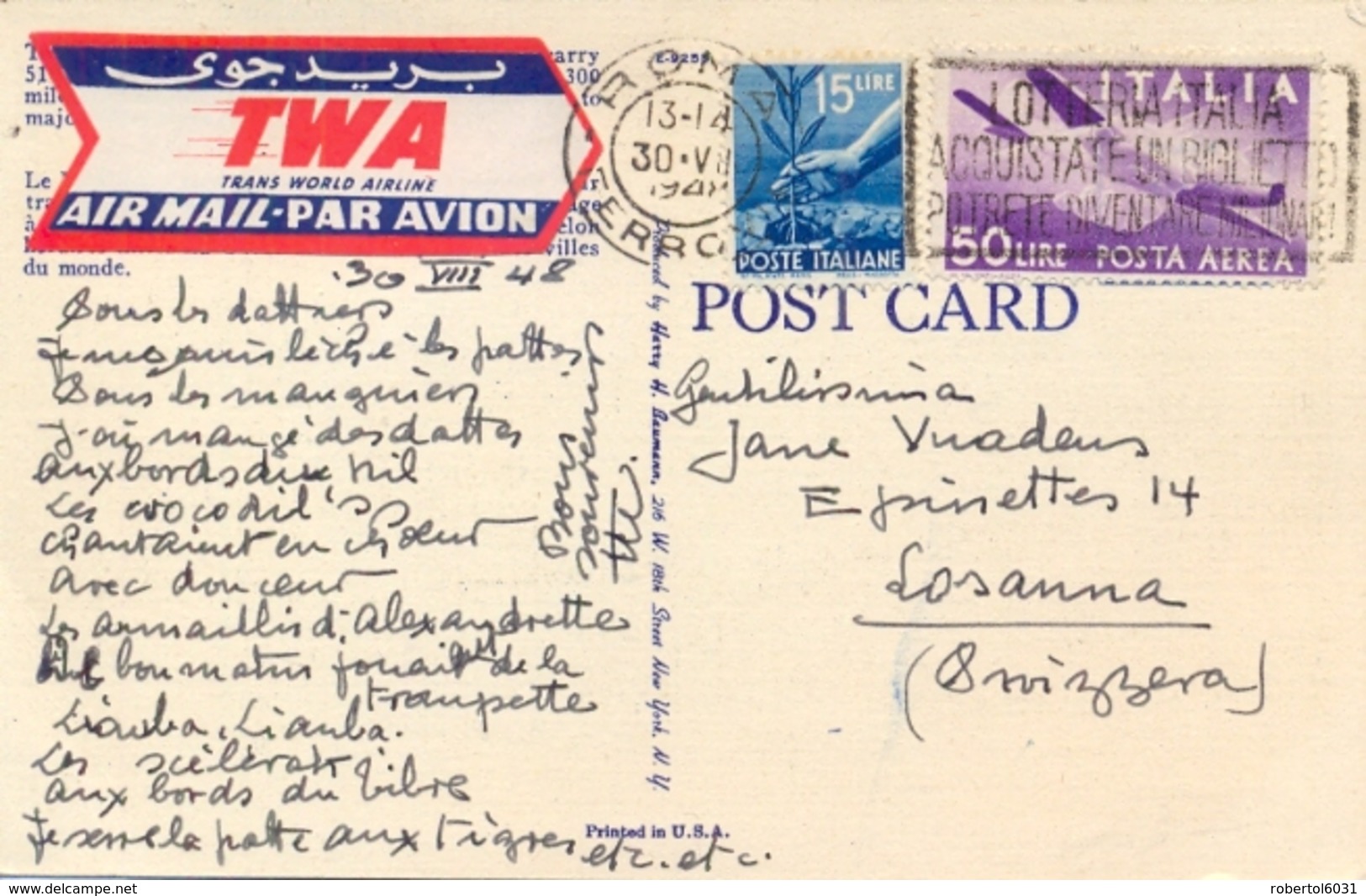 Italia 1948 Cartolina Illustrata Per La Svizzera Viaggiata Via Aerea TWA Con 15 Lire + 50 Lire Posta Aerea  Airmail - Poste Aérienne