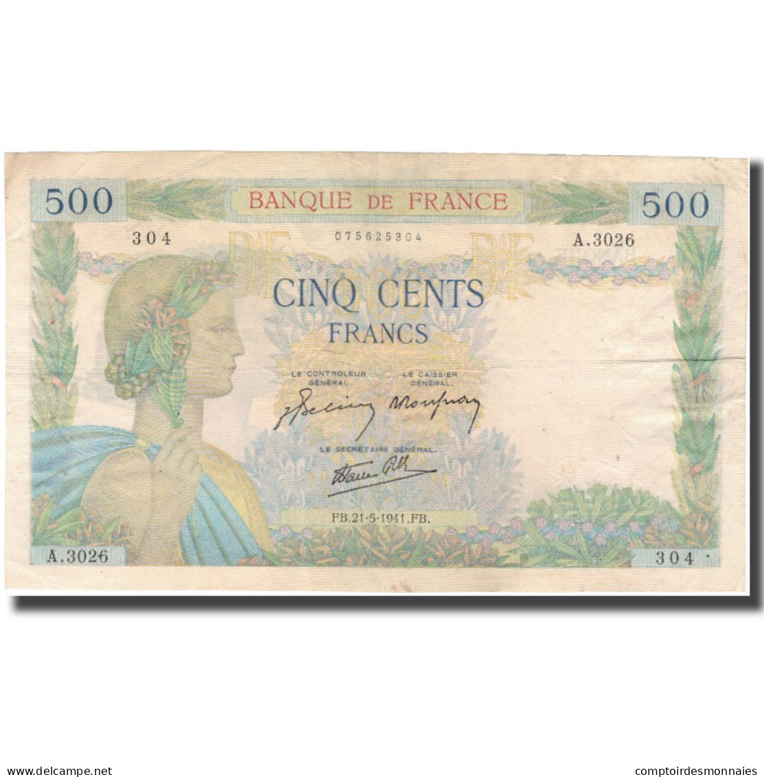 France, 500 Francs, La Paix, 1941-05-21, TTB, Fayette:32.17, KM:95b - 500 F 1940-1944 ''La Paix''