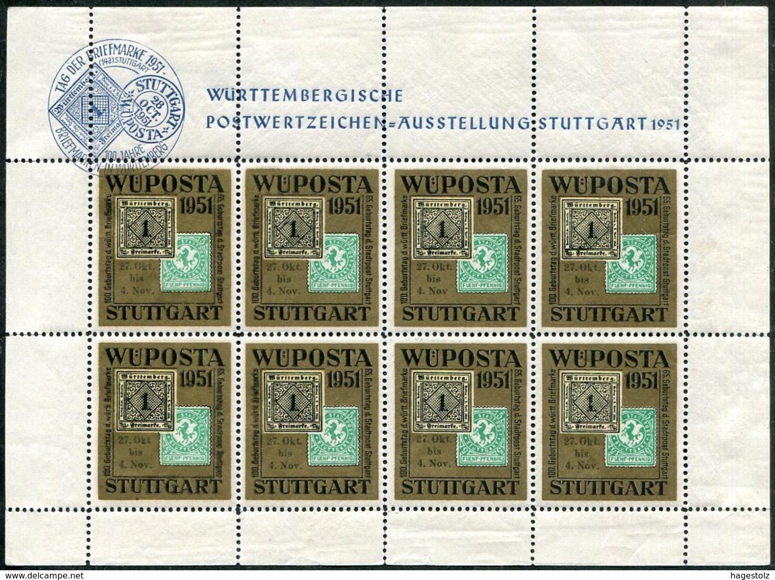 Germany 1951 Stuttgart WÜPOSTA Sheet Philatelic Exhibition Exposition Ausstellung Vignette Poster Stamp Reklamemarke - Expositions Philatéliques