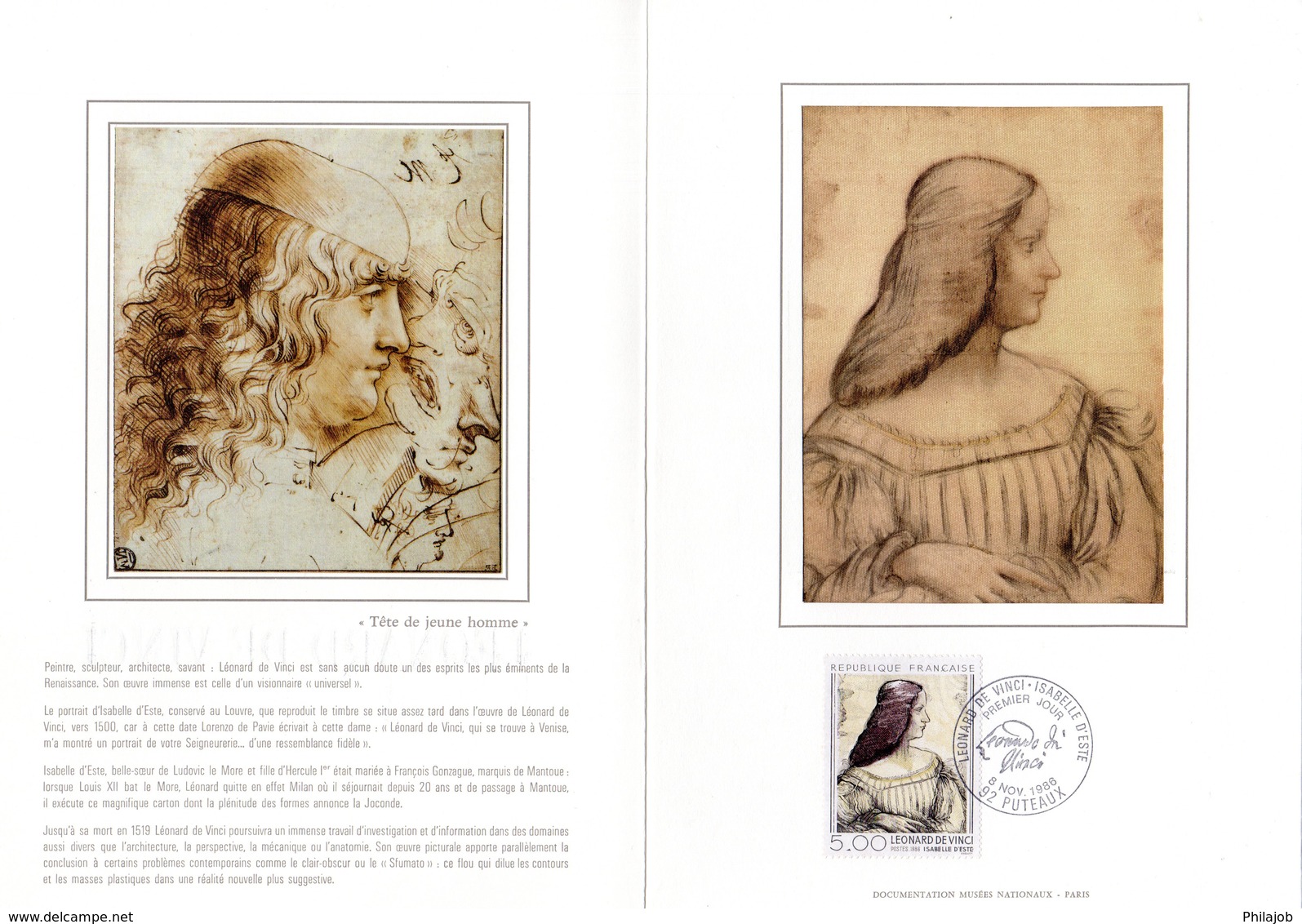 " ISABELLE D'ESTE De LEONARD DE VINCI " Sur Encart 1er Jour 4 Pages N°té Sur Soie De 1986. N° YT 2446. FDC - Autres & Non Classés