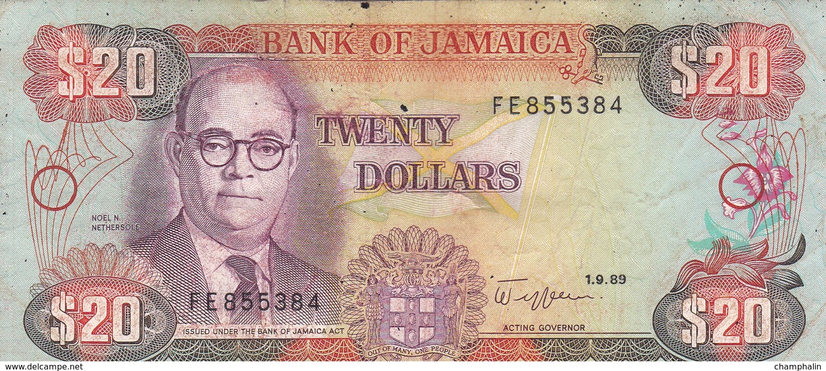 Jamaïque - Billet De 20 Dollars - Noel N. Nethersole - 1er Septembre 1989 - Jamaica