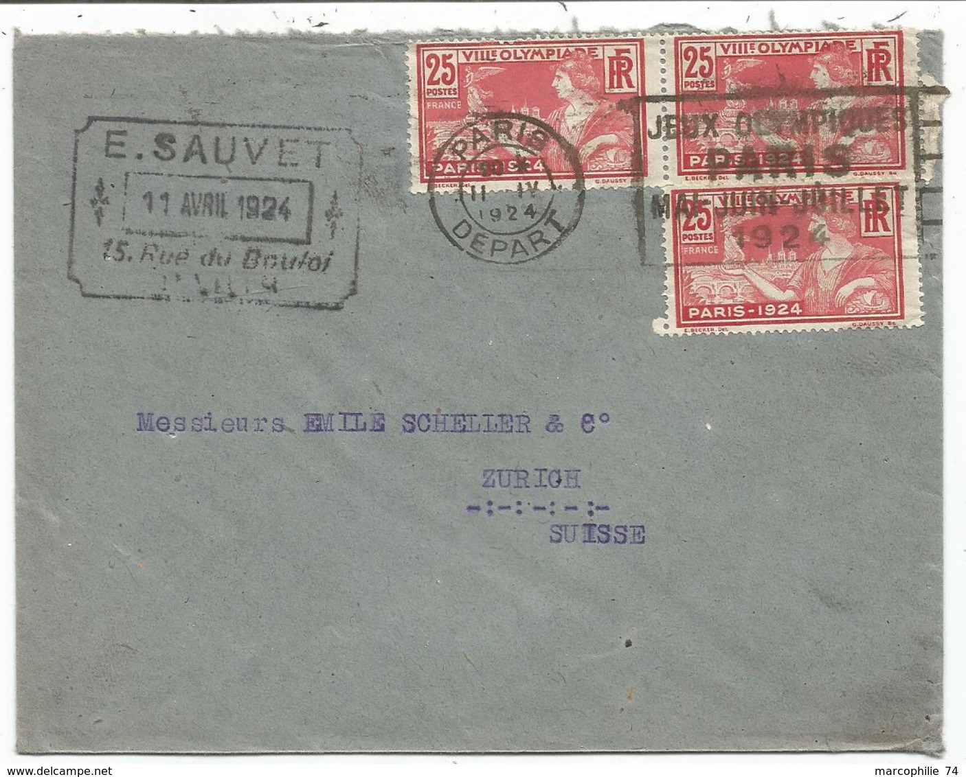 JEUX OLYMPIQUES 25CX3 LETTRE COVER MEC CONCORDANTE PARIS DEPART II.IV.1924 POUR SUISSE - 1921-1960: Modern Period